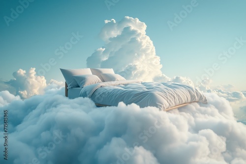 Bed Floats Above Fluffy Clouds, Symbolizing Tranquil And Peaceful Sleep. Сoncept Fantasy Sleepscape, Dreamy Bed, Cloud Floating, Peaceful Slumber photo