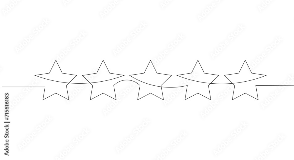 Naklejka premium One continuous line drawing of five stars. Rating service and high quality review and feedback from customer in simple linear style. Vector illustration