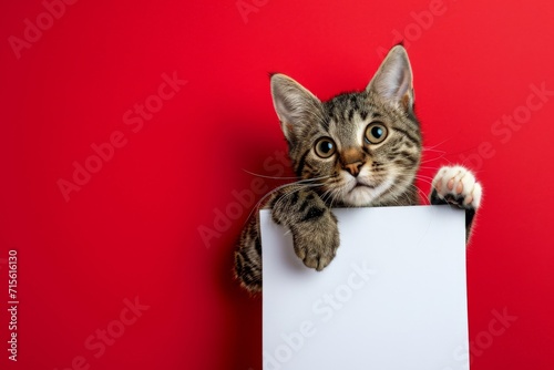 Feline With A White Banner Against Red Background