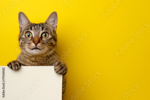 Cat Holding White Banner On Yellow Background