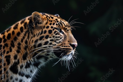 Captivating Profile Of A Far Eastern Leopard Against A Dark Backdrop. Сoncept Wildlife Photography, Far Eastern Leopard, Dark Backdrop, Captivating Profile