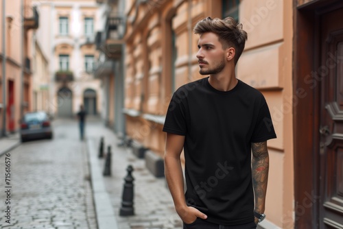 Man In Black Tshirt On The Street, Mockup
