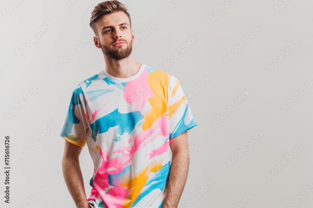 Man In Colorful Tshirt On White Background, Mockup Man In Colorful Tshirt On White Background, Mockup
