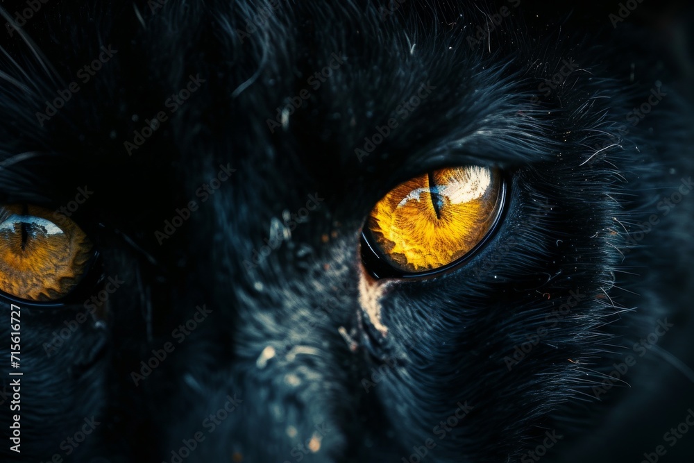 Closeup Of Glowing Yellow Eyes Against A Black Background, Resembling A Black Panther. Сoncept Black Panther Closeup, Glowing Yellow Eyes, Mysterious And Majestic, Stunning Wildlife Portraits