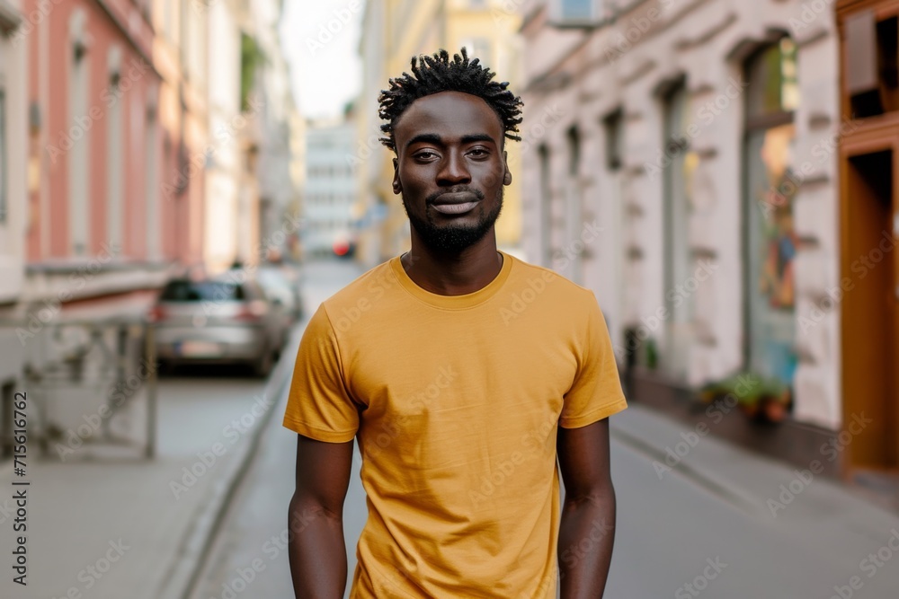 Man In Gold Tshirt On The Street, Mockup Man In Gold Tshirt On The Street, Mockup