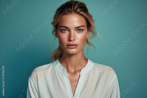 Elegant woman with a subtle gaze against blue background. Generative AI image photo