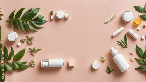 Cosmetic and pharmaceutical elements on a pale pink background decorated with leaves. Space for product presentation with copy space