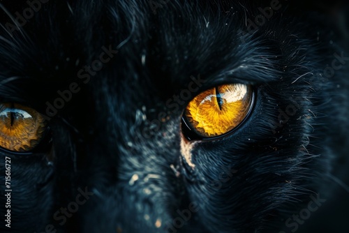 Closeup Of Glowing Yellow Eyes Against A Black Background, Resembling A Black Panther. Сoncept Black Panther Closeup, Glowing Yellow Eyes, Mysterious And Majestic, Stunning Wildlife Portraits © Ян Заболотний