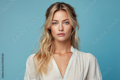 Beautiful woman with blond hair and blue eyes on blue background. Generative AI image photo