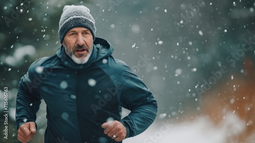 Man running and exercising outside on a cold and snowy day. website header creative banner Image copy space
