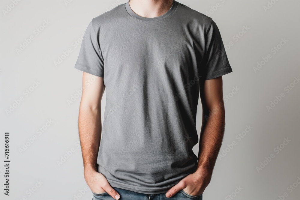 Man In Grey Tshirt On White Background, Mockup Man In Grey Tshirt On White Background, Mockup