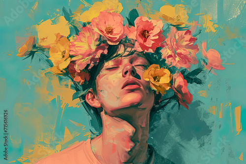 Surreal portrait of person entwined with vibrant flowers Generative AI image