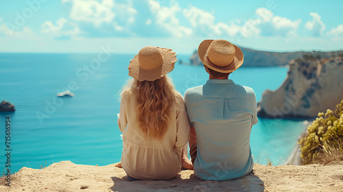 Couple with straw hats chilling enjoying beautiful views over the ocean, generative ai