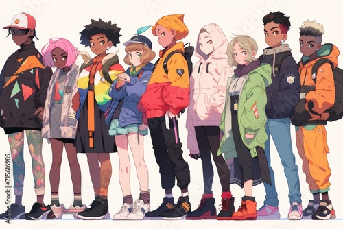 Collection Of Youthful Individuals In Animeinspired Character Designs. Сoncept Anime-Inspired Character Designs, Youthful Individuals, Vibrant Art Style, Collectible Figures, Creative Cosplay