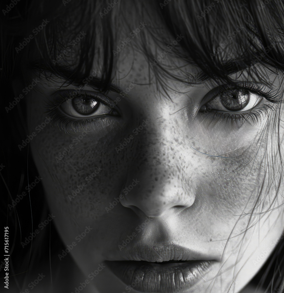 Naklejka premium Black and white style close up sensual seductive portrait of a young attractive woman, minimalism as a trend. Freckles on the face, juicy lips and a look directly in the eyes.