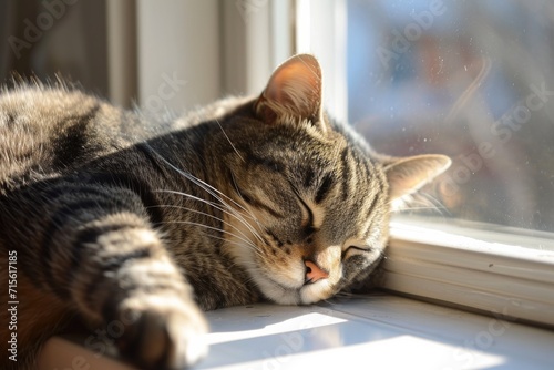 Contented Cat Naps Lazily, Basking In Sunlit Windowsill Pure Feline Bliss. Сoncept Cozy Indoor Retreat, Sunlit Windowsill, Contented Cat Naps, Pure Feline Bliss