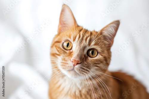 Inquisitive Ginger Cat Captivates With Intense Gaze In Front Of White Background. Сoncept Curious Creatures, Captivating Cats, Intense Gaze, White Background