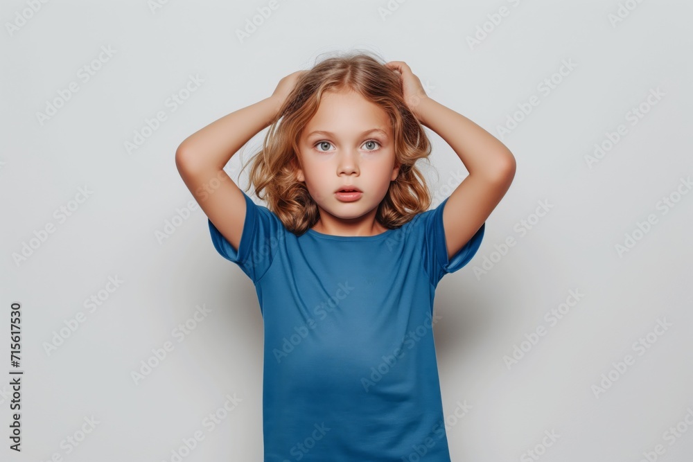 The Little Girl In Blue Tshirt On White Background, Mockup The Little Girl In Blue Tshirt On White Background, Mockup