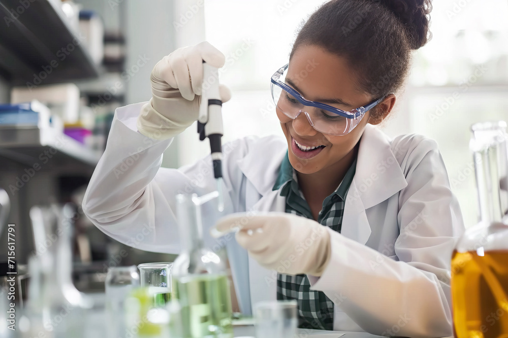 Generative AI illustration of joyful female scientist is using a pipette to transfer a substance in a bustling laboratory setting Generative AI illustration of joyful female scientist is using a pipette to transfer a substance in a bustling laboratory setting