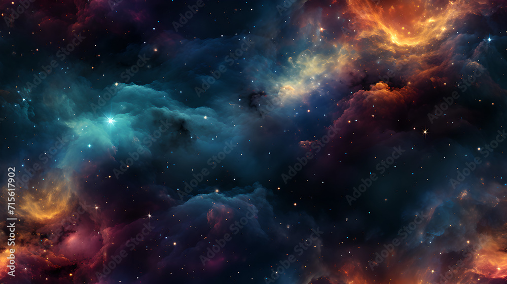 Colorful space galaxy cloud nebula seamless texture background design. Universe, supernova, pattern.