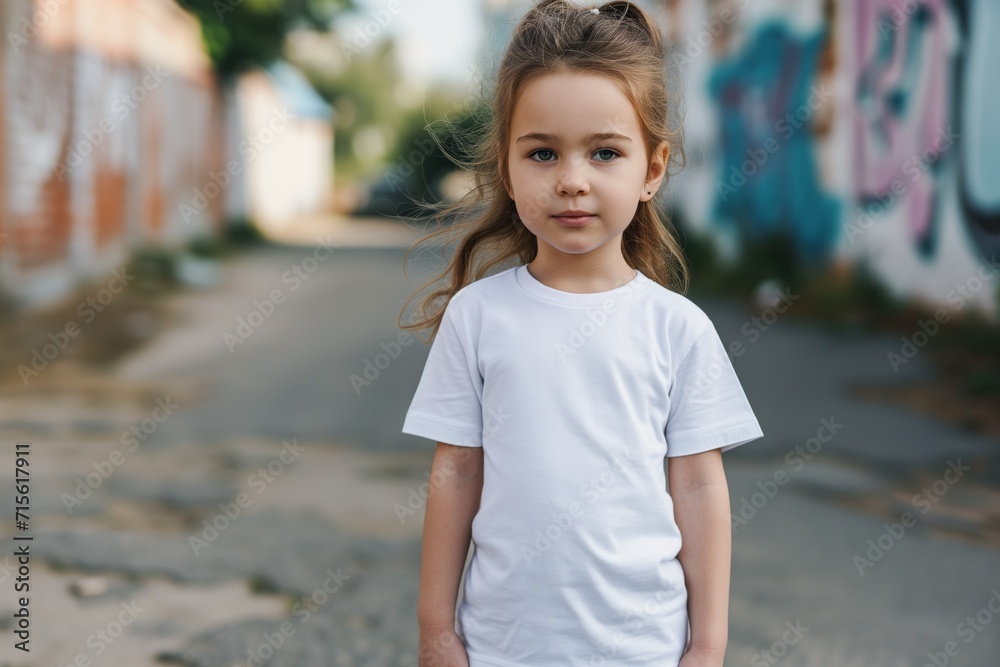 Mockup Of A Little Girl In A White T-Shirt On The Street