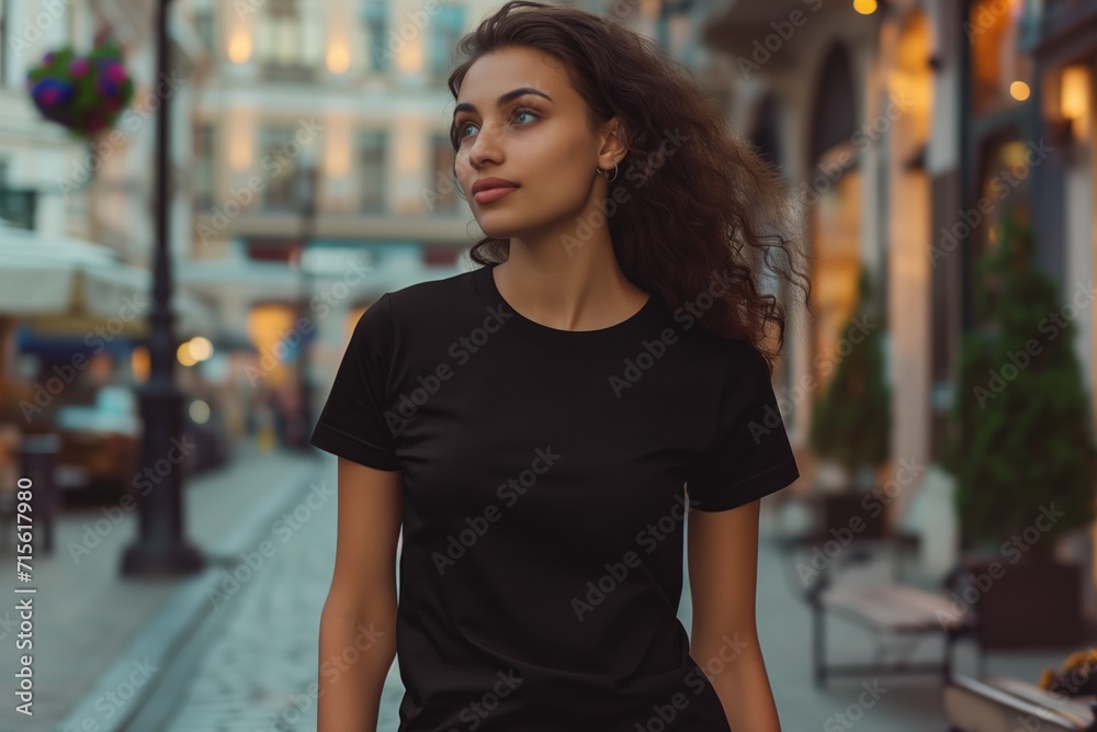 Woman In Black Tshirt On The Street, Mockup Woman In Black Tshirt On The Street, Mockup