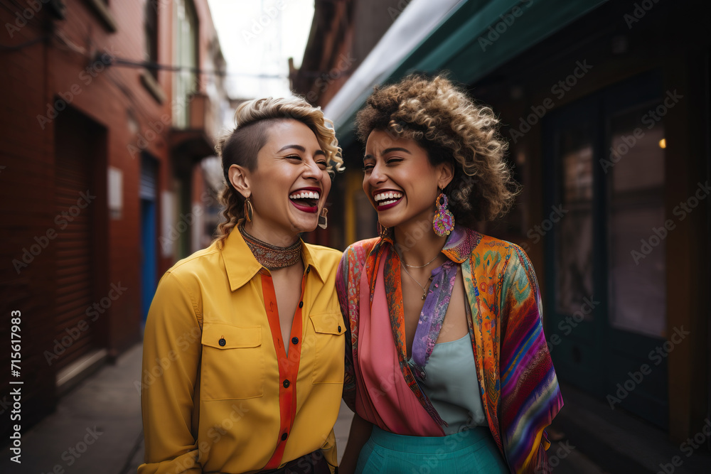 Young lesbian couple or friends with vibrant clothing, enjoying time together outdoors. Young lesbian couple or friends with vibrant clothing, enjoying time together outdoors.