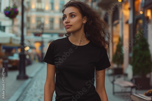 Woman In Black Tshirt On The Street, Mockup
