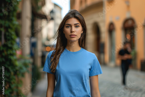 Mockup Featuring A Woman Wearing A Blue T-Shirt On The Street