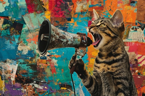 Energetic Feline Promotes Engagement With A Megaphone Amidst A Vibrant Art Collage. Сoncept Wildlife Conservation, Street Art, Animal Activism, Creative Messaging, Visual Impact