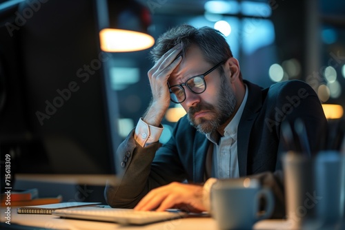 Exhausted Businessman Battles Workplace Pressures And Physical Discomfort While Using A Computer Standard. Сoncept Work-Life Balance, Stress Management, Ergonomics, Office Health Tips photo