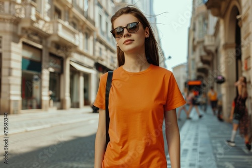 Woman In Orange Tshirt On The Street, Mockup