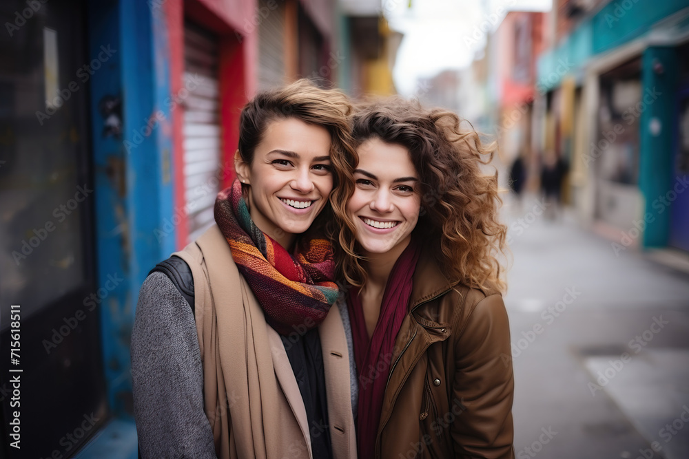 Young lesbian couple or friends hanging out outdoors. Generative AI.