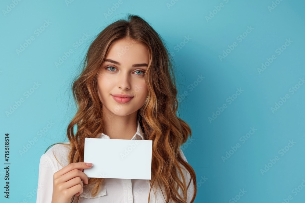 Woman With Blank Businesscard On Blue Background. Сoncept Studio Portraits, Professional Image, Businesswoman, Branding Photography Woman With Blank Businesscard On Blue Background. Сoncept Studio Portraits, Professional Image, Businesswoman, Branding Photography