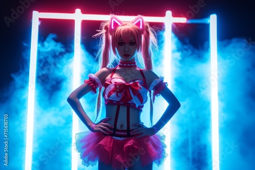 Full Body, Very Attractive Woman Cosplay Anime Japanese Style In Neon Light Standard. Сoncept Gothic Fashion, Night Sky Photography, Ethereal Portraits, Moody Makeup Looks, Enchanting Atmosphere