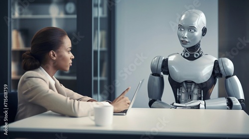 Futuristic job interview. Young black woman HR hiring AI robot applicant. Recruitment. AI Generated