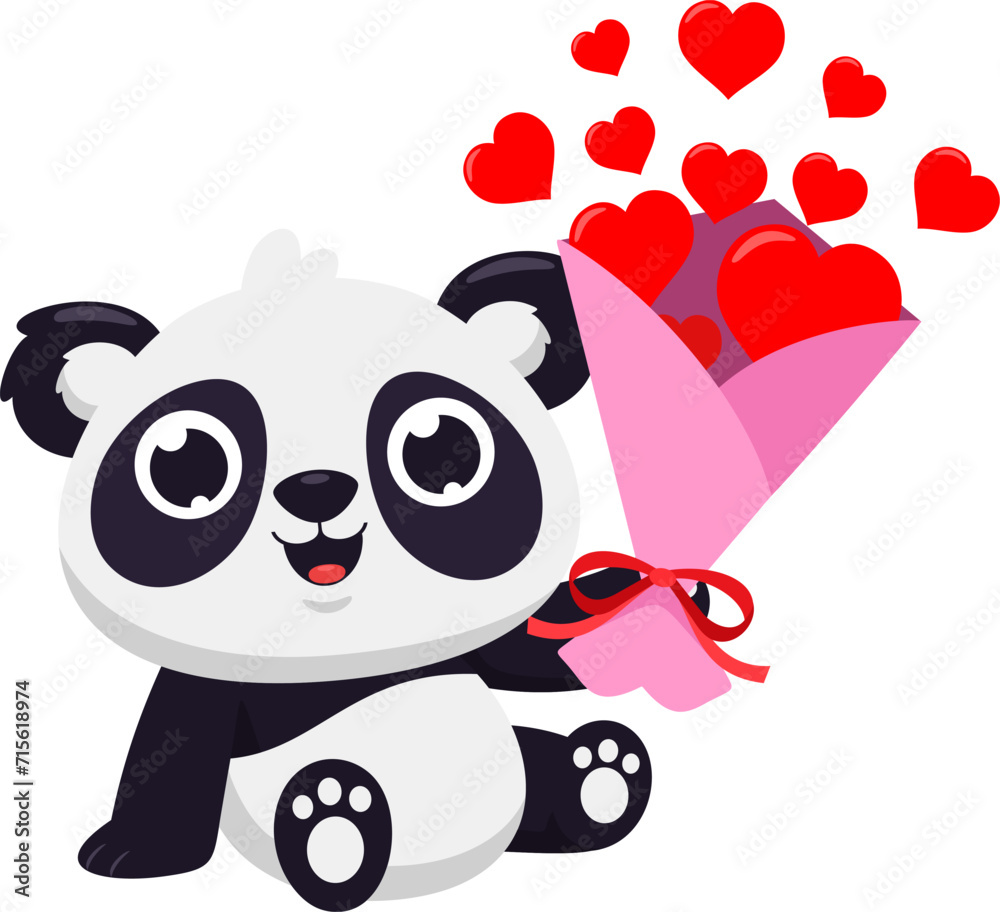 Fototapeta premium Cute Valentine Panda Bear Cartoon Character Holding Gift Bouquet With Red Hearts. Vector Illustration Flat Design Isolated On Transparent Background