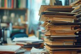 Huge Piles Of Stacked Files On A Desk, Symbolizing Heavy Workload Ai. Сoncept Desk Organization Tips, Efficiency At Work, Overcoming Workload Stress, Productive Workspace, Streamlining Workflow