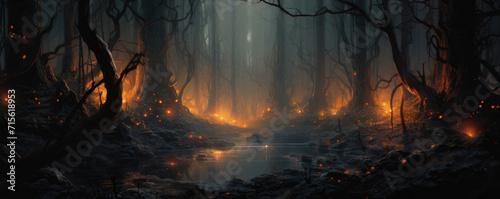 Magic forest on dark background. Mystic fantasy scenery. banner
