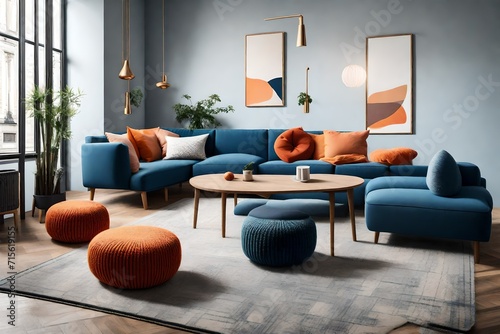 the scene with two knitted poufs positioned beside a light dark blue and orange corner sofa, embodying the essence of Scandinavian home interior design in a contemporary living room. 