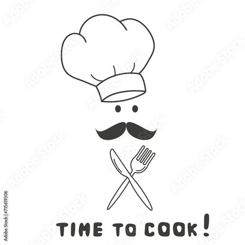 Time to cook icon set. Knife and fork with chef hat, moustache isolated on white background