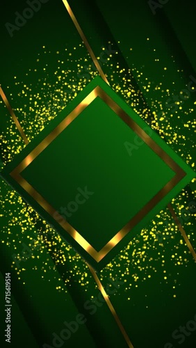 Abstract green background with luxury golden elements. Golden square ring over square shape over golden dust particle seamless loop motion gradient background.