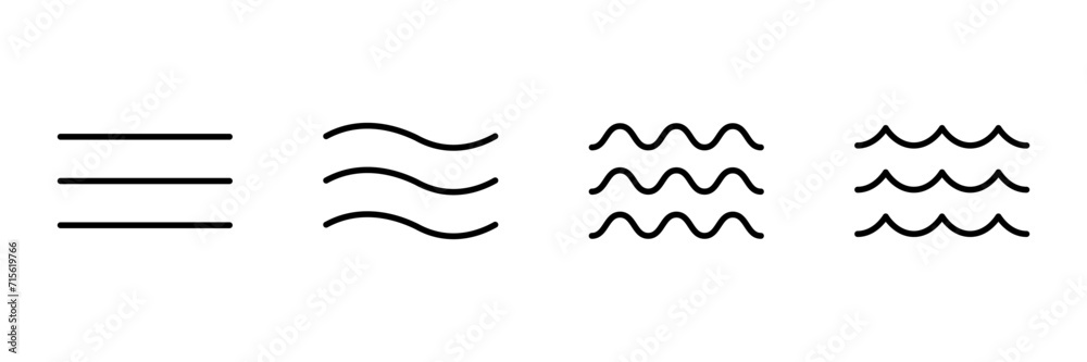 Water wave, line icon set. Sea, river, ocean, swimming pool symbol. Calm, still and rough water. Wavy element. Vector outline - obrazy, fototapety, plakaty 