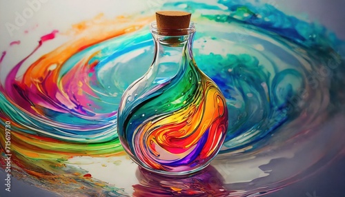 a visually appealing and detailed digital illustration of a glass bottle containing a mesmerizing, colorful liquid in swirling motion. Pay attention to the transparency of the glass and the dynamic mo