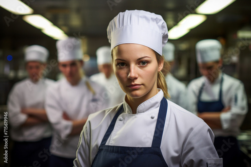 Generative ai portrait of beautiful female chef in professional kitchen setting