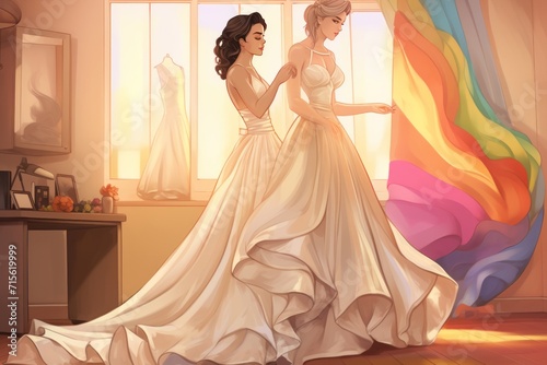illustration of a lesbian couple trying on wedding dress with a hint of LGBTQ flag