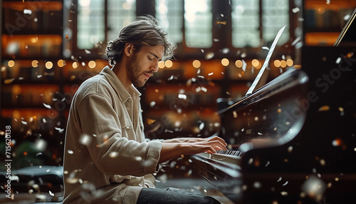 Young Man Sitting At Grand Piano And Playing At Home, music flying around, focused mode, enjoying to play photo