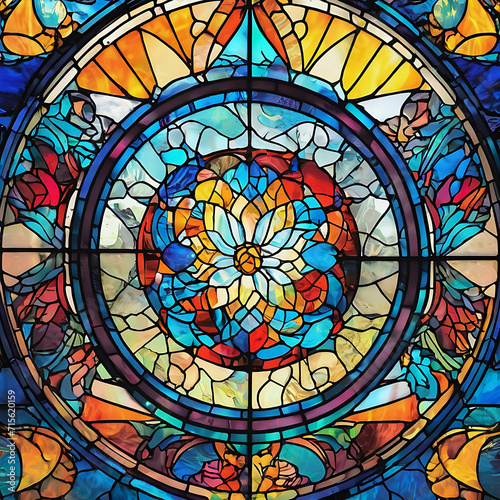 The image is a colorful stained glass window with a symmetrical circular pattern. It is likely found in a church and features vibrant colors and intricate design.