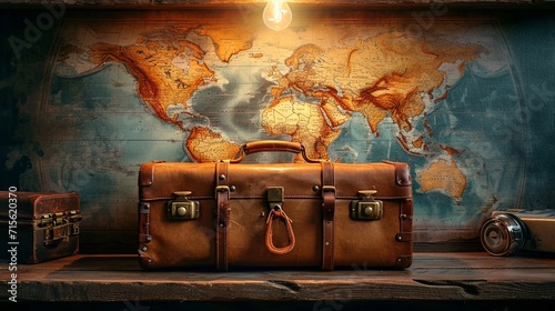 Wanderlust Chronicles: Vintage Suitcase, World Map, and the Journey Begins.