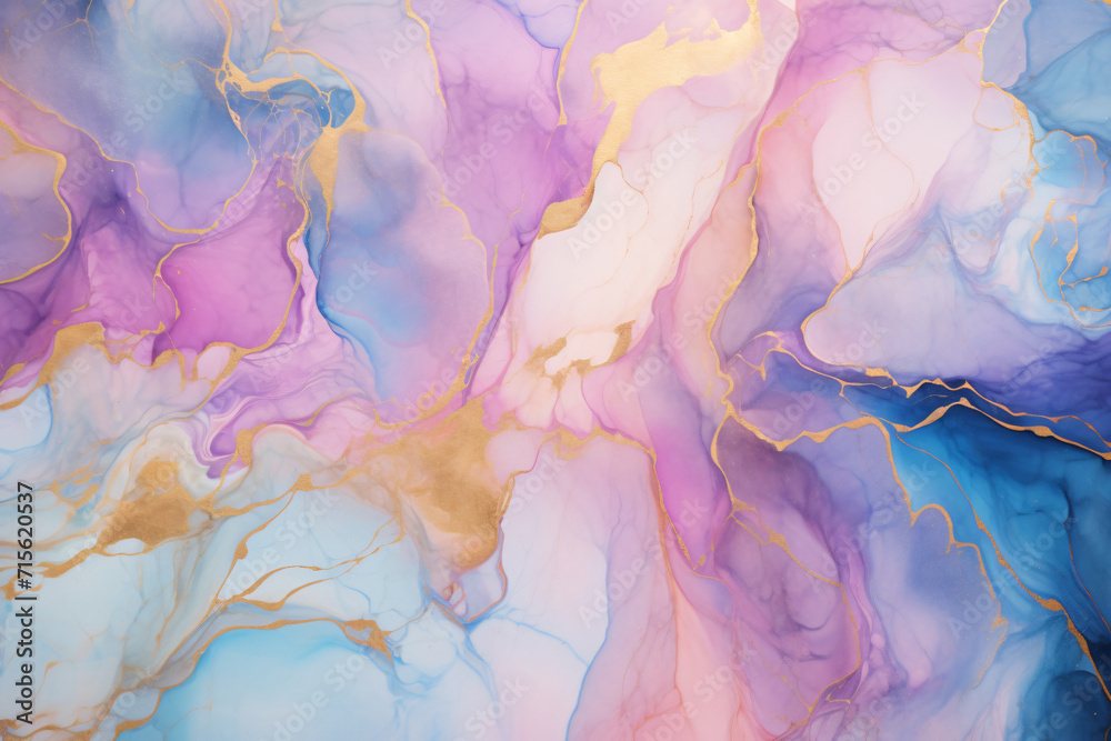 with gold, blue, and pink colors, this oil painting is stunning, in the style of fluid photography, decorative backgrounds, aerial view, marble, dark purple 